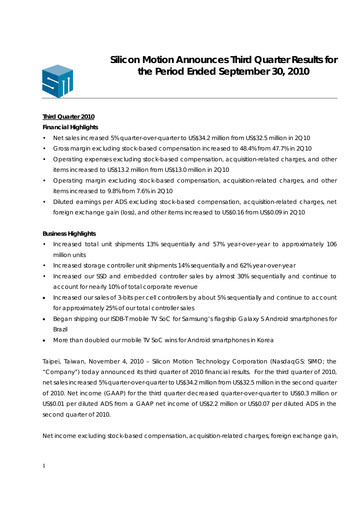 Thumbnail Silicon Motion
 Quarterly Report 2010-q3