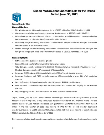 Thumbnail Silicon Motion
 Quarterly Report 2011-q2