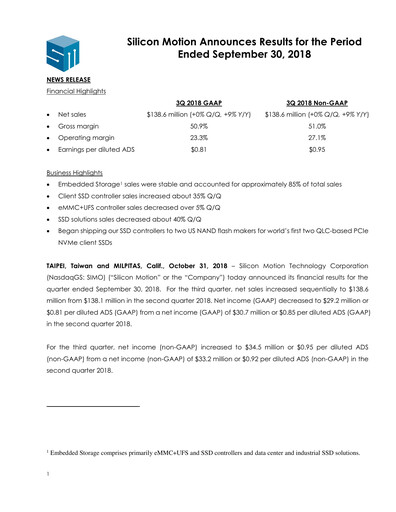 Thumbnail Silicon Motion
 Quarterly Report 2018-q3