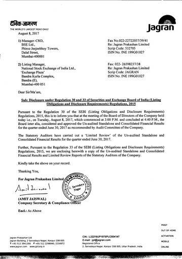 Vorschaubild Jagran Prakashan Quartalsbericht 2017-q1