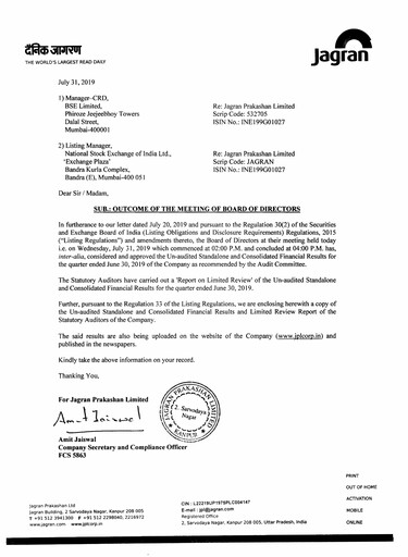 Vorschaubild Jagran Prakashan Quartalsbericht 2019-q1