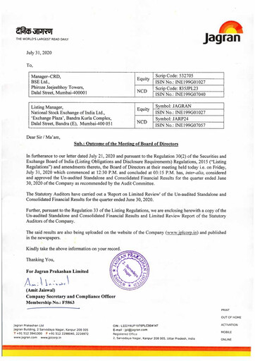 Vorschaubild Jagran Prakashan Quartalsbericht 2020-q1