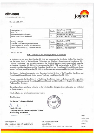 Vorschaubild Jagran Prakashan Quartalsbericht 2020-q2