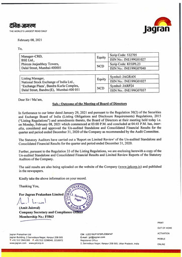 Vorschaubild Jagran Prakashan Quartalsbericht 2020-q3
