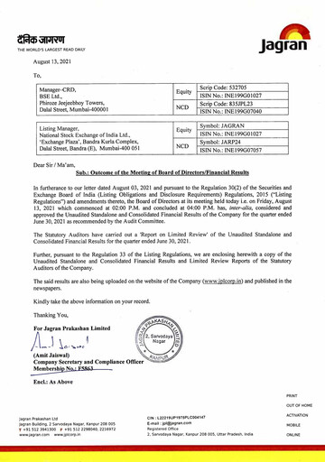 Vorschaubild Jagran Prakashan Quartalsbericht 2021-q1