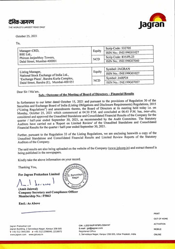 Thumbnail Jagran Prakashan Quarterly Report 2021-q2