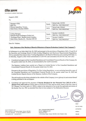 Vorschaubild Jagran Prakashan Quartalsbericht 2022-q1