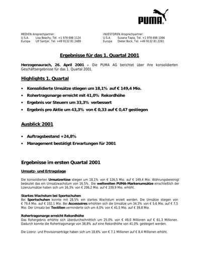 Miniature PUMA Rapport trimestriel 2001-q1