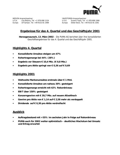 Miniature PUMA Rapport trimestriel 2001-q4