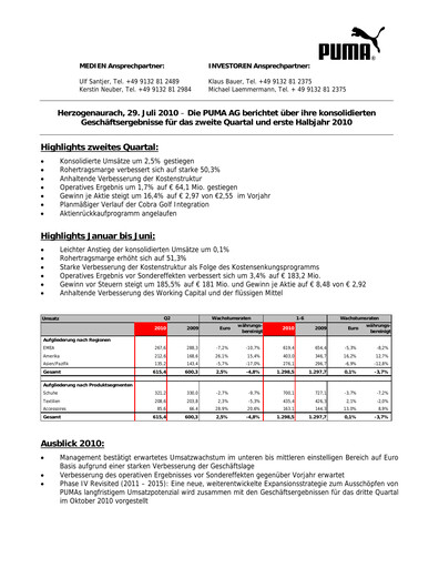 Miniature PUMA Rapport trimestriel 2010-q2