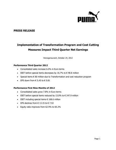 Thumbnail PUMA Quarterly Report 2012-q3