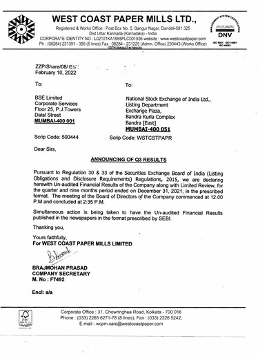 Thumbnail West Coast Paper Mills Quarterly Report 2021-q3