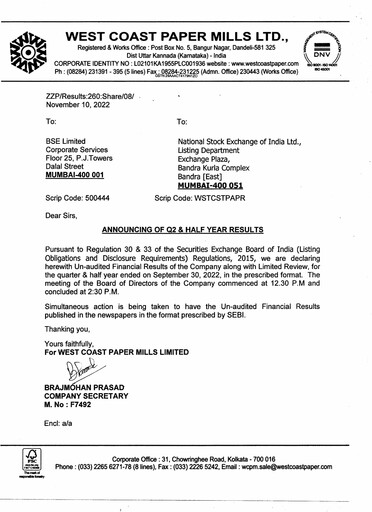 Thumbnail West Coast Paper Mills Quarterly Report 2022-q2