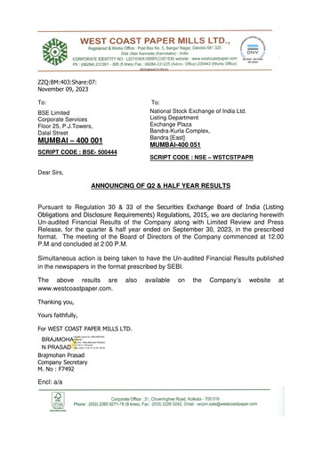 Thumbnail West Coast Paper Mills Quarterly Report 2023-q2