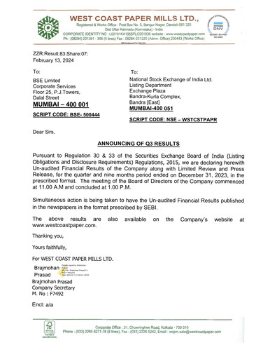Thumbnail West Coast Paper Mills Quarterly Report 2023-q3