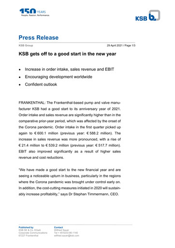 Miniature KSB SE & Co. KGaA Rapport trimestriel 2021-q1