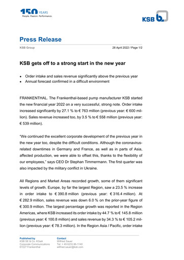 Miniature KSB SE & Co. KGaA Rapport trimestriel 2022-q1