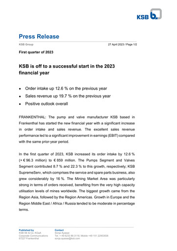Miniature KSB SE & Co. KGaA Rapport trimestriel 2023-q1