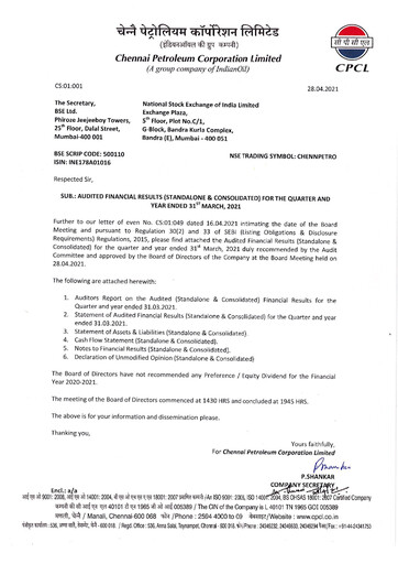 Thumbnail Chennai Petroleum Financial Statement 2020-2021