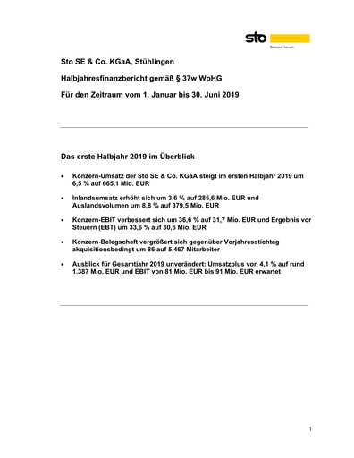 Miniature Sto SE & Co. KGaA Rapport semestriel 2019-h1