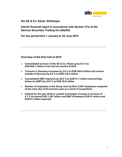 Miniature Sto SE & Co. KGaA Rapport semestriel 2019-h1