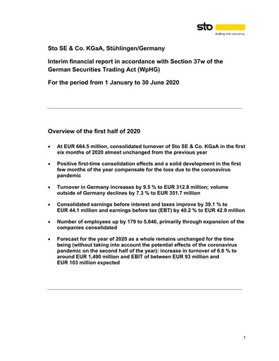 Miniature Sto SE & Co. KGaA Rapport semestriel 2020-h1