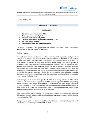 Miniature CARE's Ratings Rapport financier 2015-2016