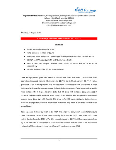 Miniature CARE's Ratings Rapport trimestriel 2016-q1