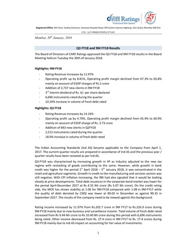 Miniature CARE's Ratings Rapport trimestriel 2017-q3
