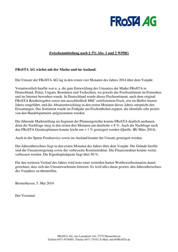 Thumbnail FRoSTA AG Quarterly Report 2014-q1