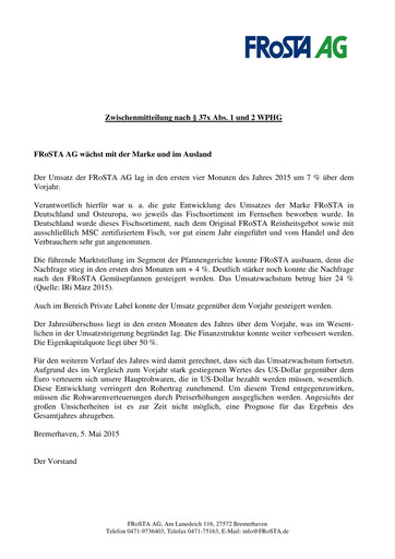 Thumbnail FRoSTA AG Quarterly Report 2015-q1