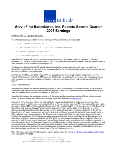 Thumbnail ServisFirst Bancshares Quarterly Report 2008-q2
