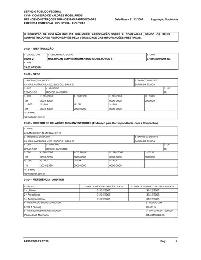 Thumbnail Multiplan Empreendimentos Imobiliários Financial Statement 2007
