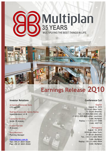 Thumbnail Multiplan Empreendimentos Imobiliários Quarterly Report 2010-q2