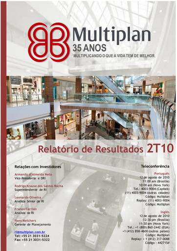 Thumbnail Multiplan Empreendimentos Imobiliários Quarterly Report 2010-q2