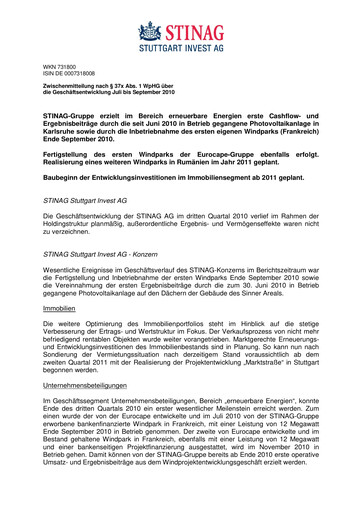 Thumbnail STINAG Stuttgart Invest Quarterly Report 2010-q3