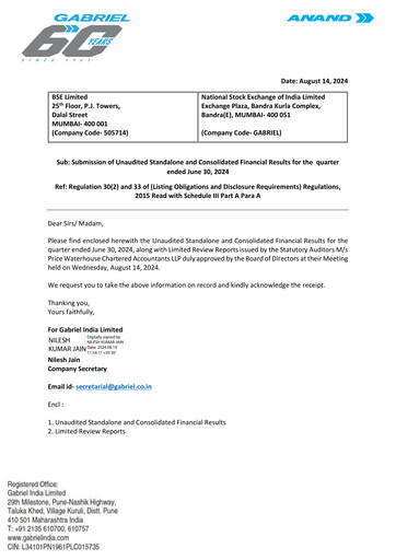 Miniature Gabriel India Rapport trimestriel 2024-q1
