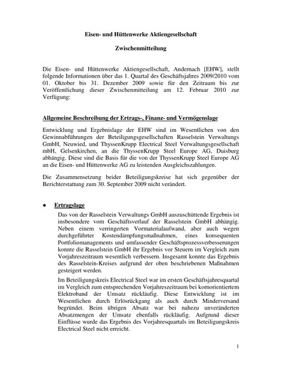 Thumbnail Eisen- und Hüttenwerke Quarterly Report 2009-2010-q1