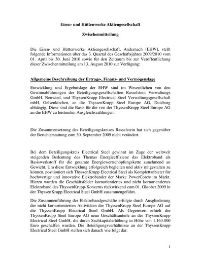 Thumbnail Eisen- und Hüttenwerke Quarterly Report 2009-2010-q3