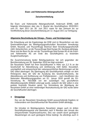 Thumbnail Eisen- und Hüttenwerke Quarterly Report 2010-2011-q3