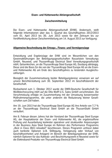Thumbnail Eisen- und Hüttenwerke Quarterly Report 2012-2013-q3