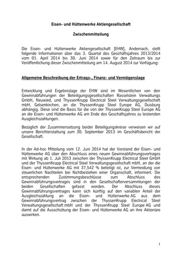 Thumbnail Eisen- und Hüttenwerke Quarterly Report 2013-2014-q3