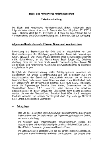 Thumbnail Eisen- und Hüttenwerke Quarterly Report 2014-2015-q1