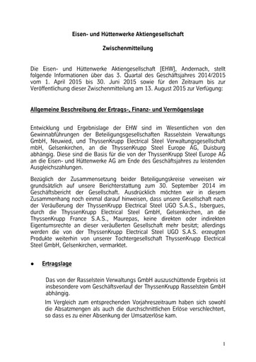 Thumbnail Eisen- und Hüttenwerke Quarterly Report 2014-2015-q3