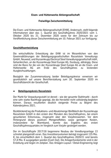 Thumbnail Eisen- und Hüttenwerke Quarterly Report 2020-2021-q1