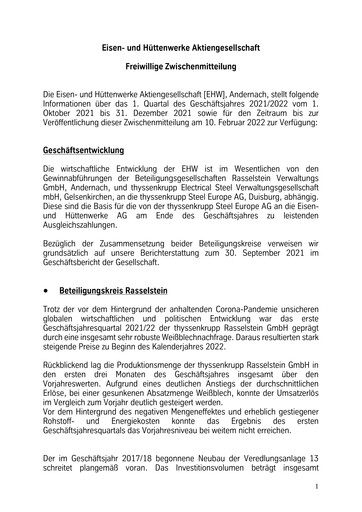 Thumbnail Eisen- und Hüttenwerke Quarterly Report 2021-2022-q1