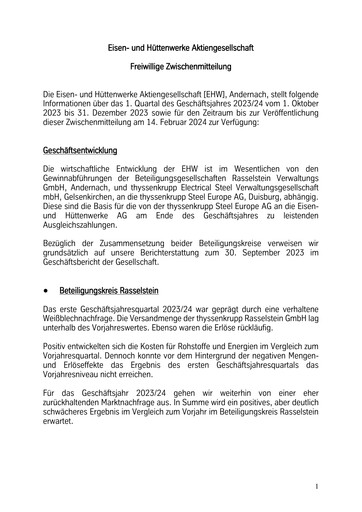 Thumbnail Eisen- und Hüttenwerke Quarterly Report 2023-2024-q1