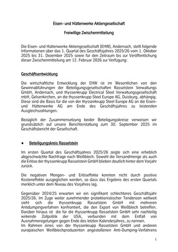 Thumbnail Eisen- und Hüttenwerke Quarterly Report 2025-2026-q1