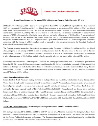 Thumbnail Seneca Foods
 Quarterly Report 2015-q3
