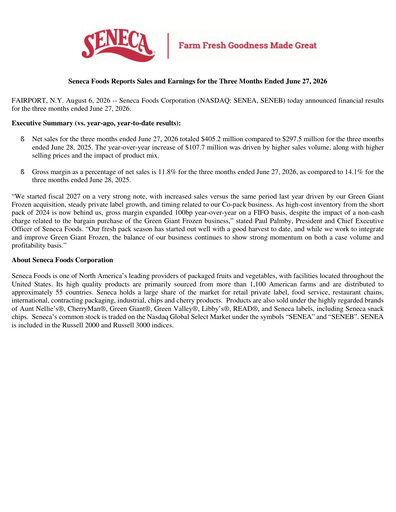 Thumbnail Seneca Foods
 Quarterly Report 2027-q1